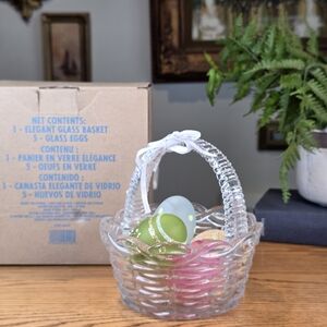 2014 Avon Elegant Glass Basket with 5 Frosted Glass Easter Eggs Set